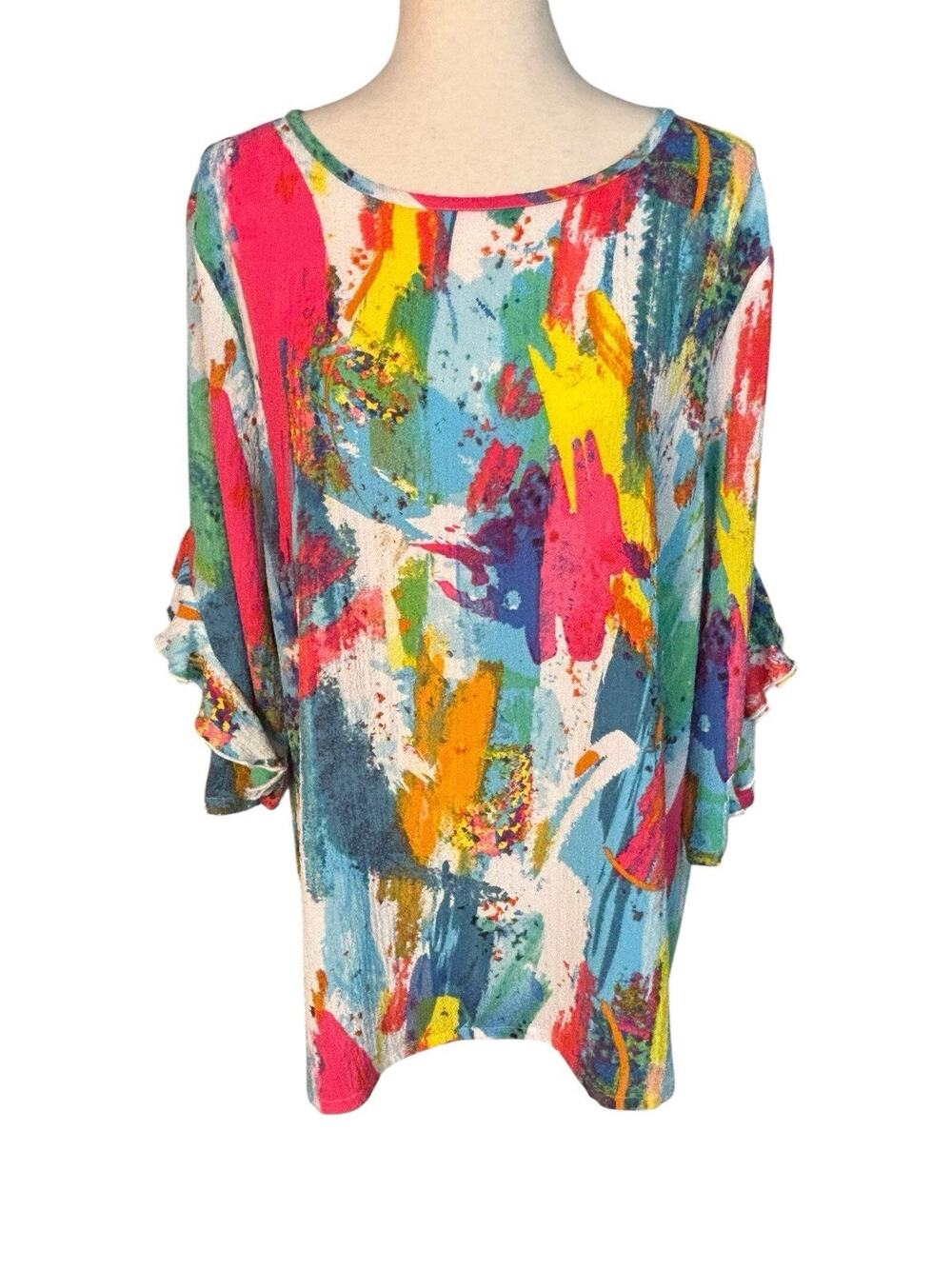Ali Miles Artsy Multi-Color Abstract Tunic Top W/Ruffle Sleeve Detailing Sz XL